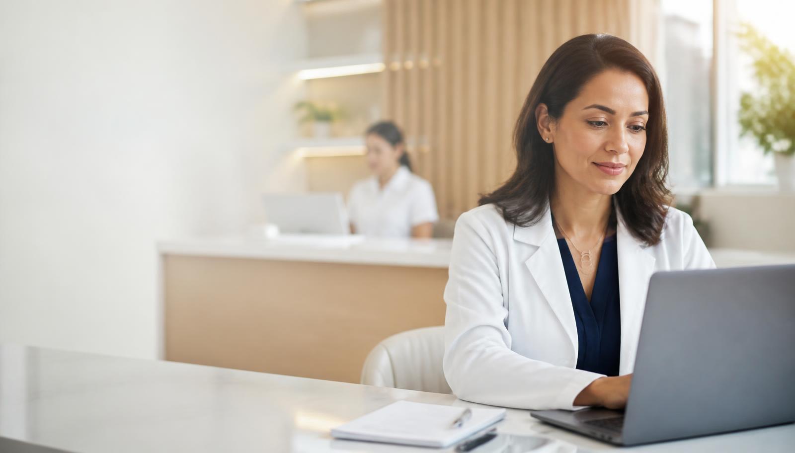 Médica de jaleco branco em consultório moderno analisando a agenda da clínica no notebook