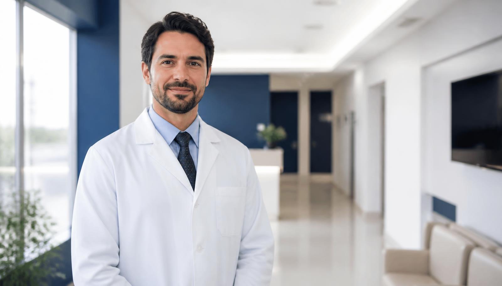 Médico de jaleco branco em pé no corredor claro de uma clínica moderna