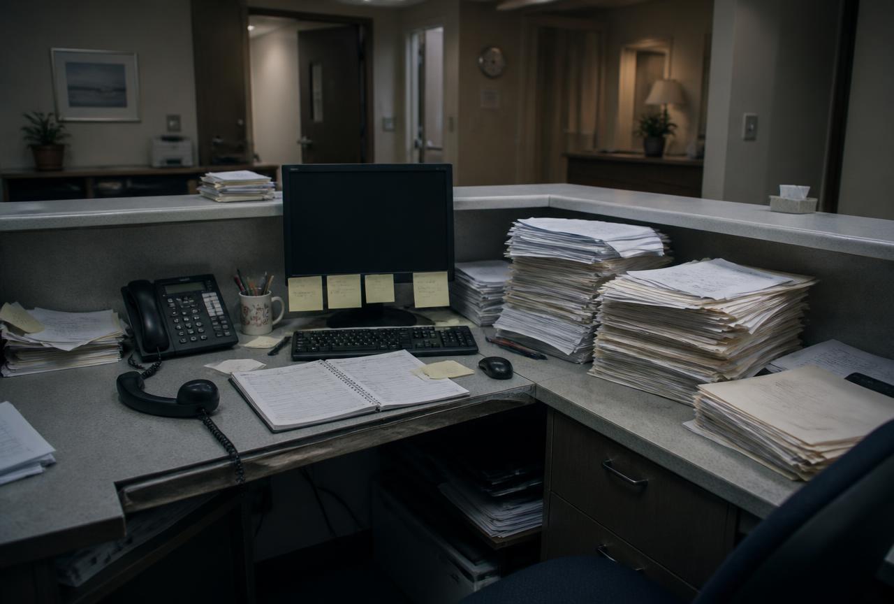 Balcão de recepção de clínica no fim do expediente com pilhas de fichas de papel, agenda aberta e telefone fora do gancho