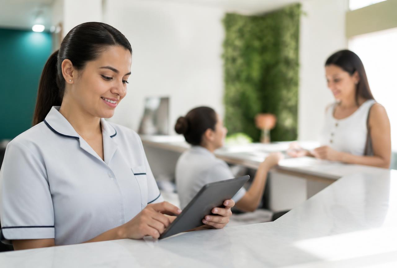 Recepcionista de uniforme claro usando um tablet no balcão de uma clínica bem iluminada